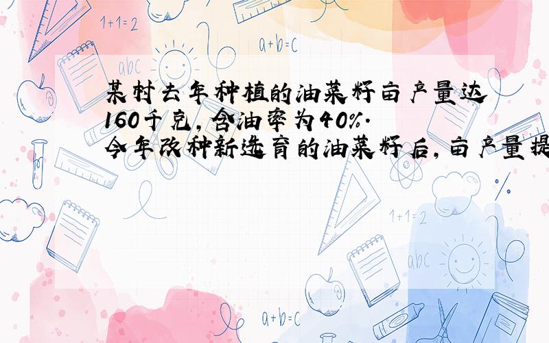 某村去年种植的油菜籽亩产量达160千克,含油率为40%.今年改种新选育的油菜籽后,亩产量提高了20千克,