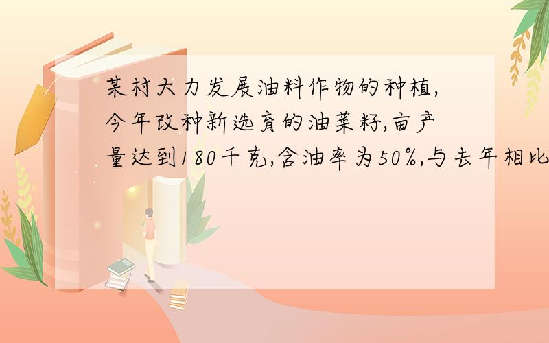 某村大力发展油料作物的种植,今年改种新选育的油菜籽,亩产量达到180千克,含油率为50%,与去年相比,亩产量提高了20千