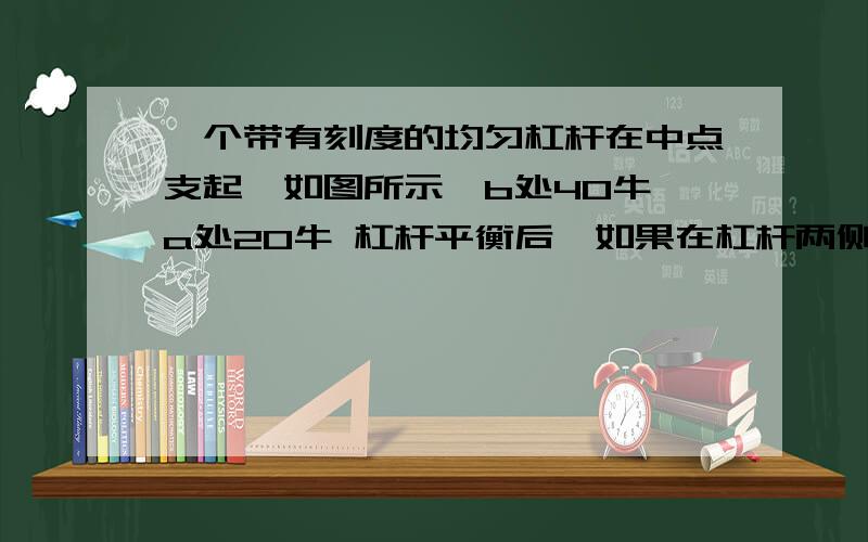 一个带有刻度的均匀杠杆在中点支起,如图所示,b处40牛 a处20牛 杠杆平衡后,如果在杠杆两侧同时减去10牛