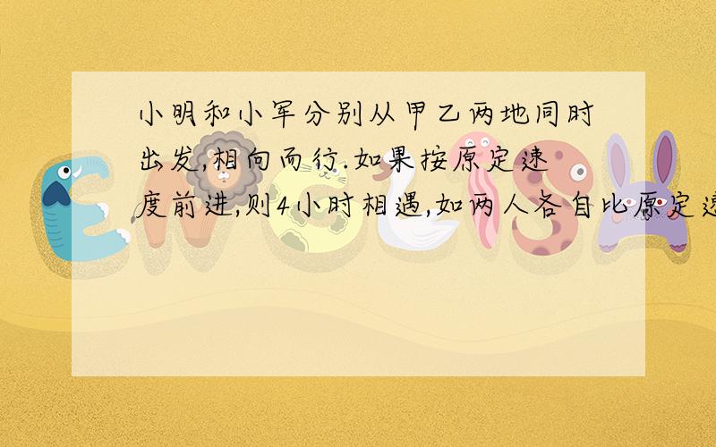 小明和小军分别从甲乙两地同时出发,相向而行.如果按原定速度前进,则4小时相遇,如两人各自比原定速度每小时少行1千米,则5