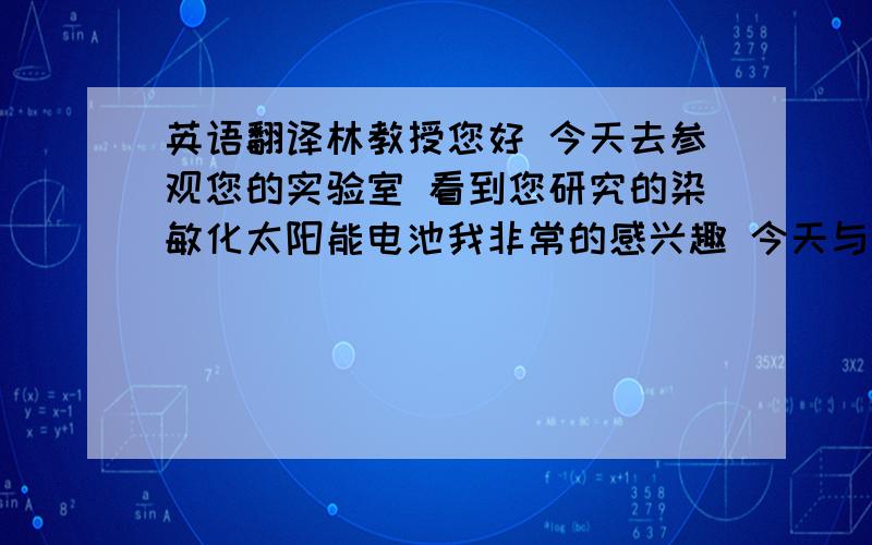 英语翻译林教授您好 今天去参观您的实验室 看到您研究的染敏化太阳能电池我非常的感兴趣 今天与教授会谈时教授告诉我，毕业论