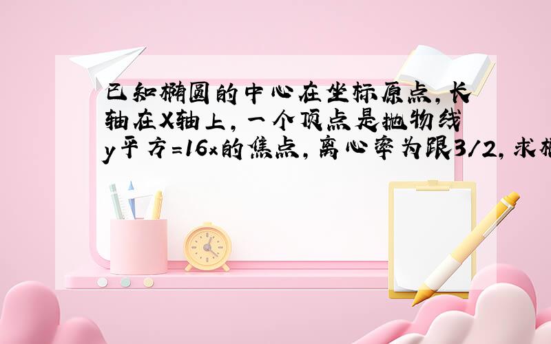 已知椭圆的中心在坐标原点,长轴在X轴上,一个顶点是抛物线y平方=16x的焦点,离心率为跟3/2,求椭圆方程