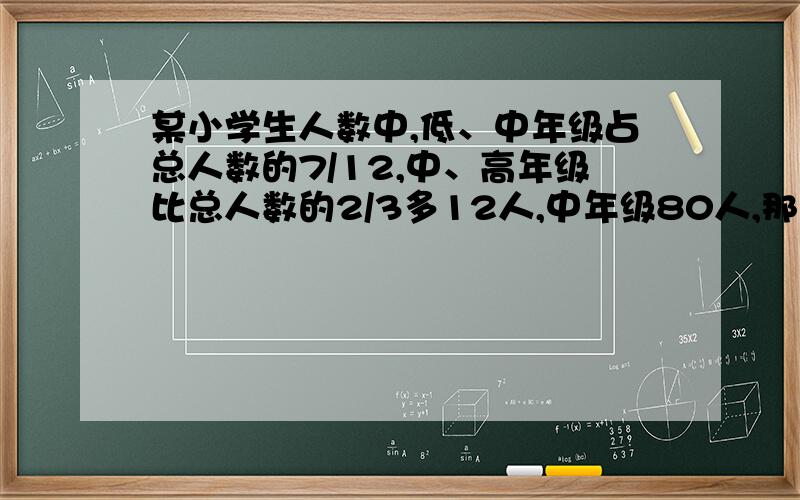 某小学生人数中,低、中年级占总人数的7/12,中、高年级比总人数的2/3多12人,中年级80人,那么全校有几人?