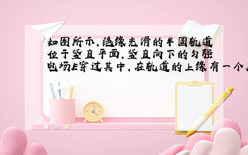 如图所示，绝缘光滑的半圆轨道位于竖直平面，竖直向下的匀强电场E穿过其中，在轨道的上缘有一个质量为m，带电量为+q的小球，