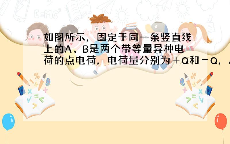 如图所示，固定于同一条竖直线上的A、B是两个带等量异种电荷的点电荷，电荷量分别为＋Q和－Q，A、B相距为2d。MN是竖直