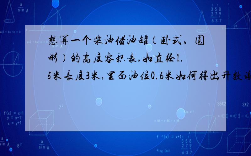 想算一个柴油储油罐（卧式、圆形）的高度容积表,如直径1.5米长度3米,里面油位0.6米如何得出升数谢谢