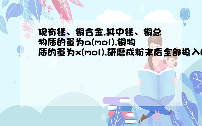 现有铁、铜合金,其中铁、铜总物质的量为a(mol),铜物质的量为x(mol),研磨成粉末后全部投入b（mol）的稀硝酸中