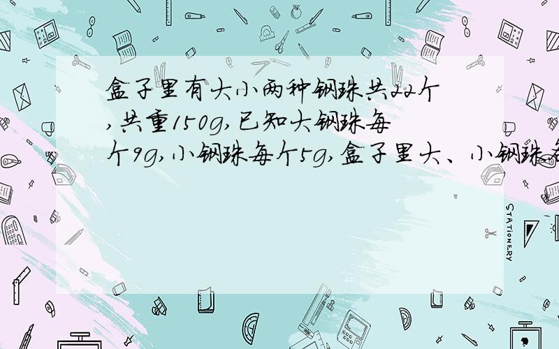 盒子里有大小两种钢珠共22个,共重150g,已知大钢珠每个9g,小钢珠每个5g,盒子里大、小钢珠各多少个?