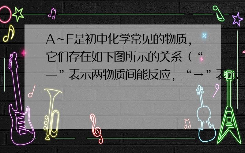 A～F是初中化学常见的物质，它们存在如下图所示的关系（“—”表示两物质间能反应，“→”表示一种物质转化成另一种物质。部分