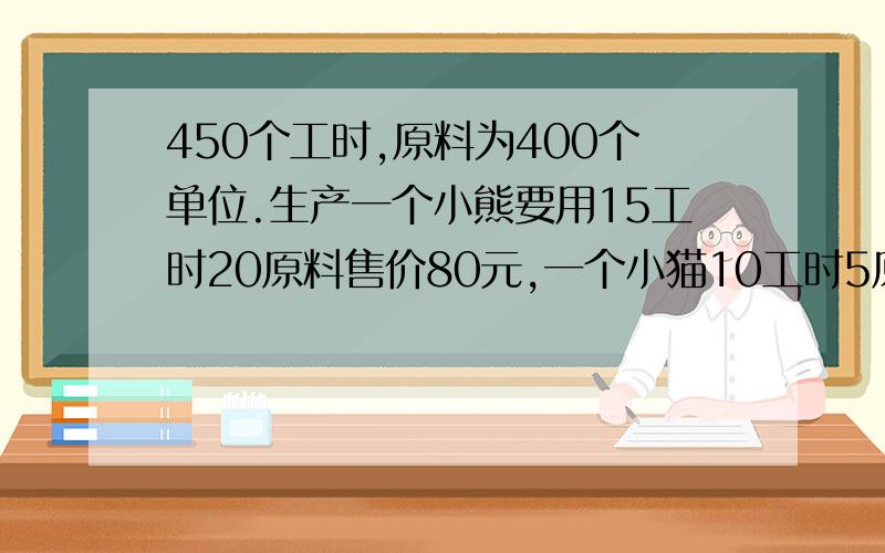 450个工时,原料为400个单位.生产一个小熊要用15工时20原料售价80元,一个小猫10工时5原料售价45元...