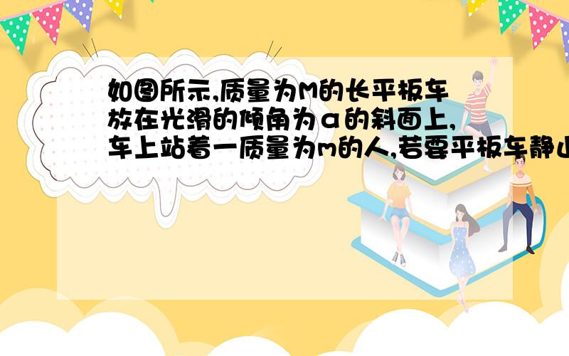 如图所示,质量为M的长平板车放在光滑的倾角为α的斜面上,车上站着一质量为m的人,若要平板车静止在斜面