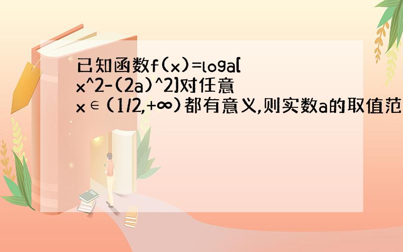 已知函数f(x)=loga[x^2-(2a)^2]对任意x∈(1/2,+∞)都有意义,则实数a的取值范围是