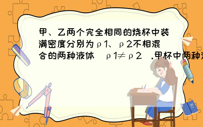 甲、乙两个完全相同的烧杯中装满密度分别为ρ1、ρ2不相混合的两种液体（ρ1≠ρ2）.甲杯中两种液体的体积相等，乙杯中两种