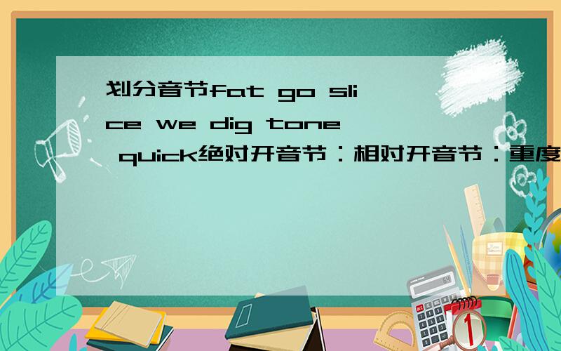 划分音节fat go slice we dig tone quick绝对开音节：相对开音节：重度闭音节：