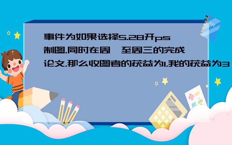 事件为如果选择5.28开ps制图，同时在周一至周三的完成论文，那么收图者的获益为1，我的获益为3,；若不开ps制图，而完