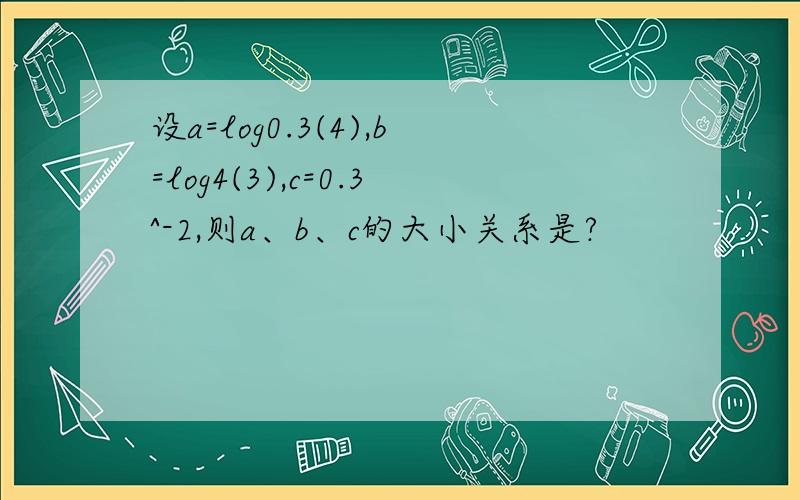 设a=log0.3(4),b=log4(3),c=0.3^-2,则a、b、c的大小关系是?