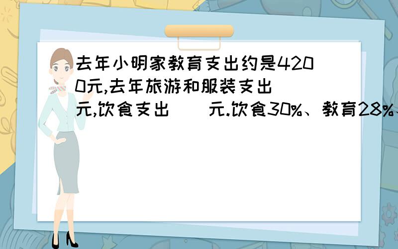 去年小明家教育支出约是4200元,去年旅游和服装支出()元,饮食支出()元.饮食30%、教育28%、旅游和服装35%.