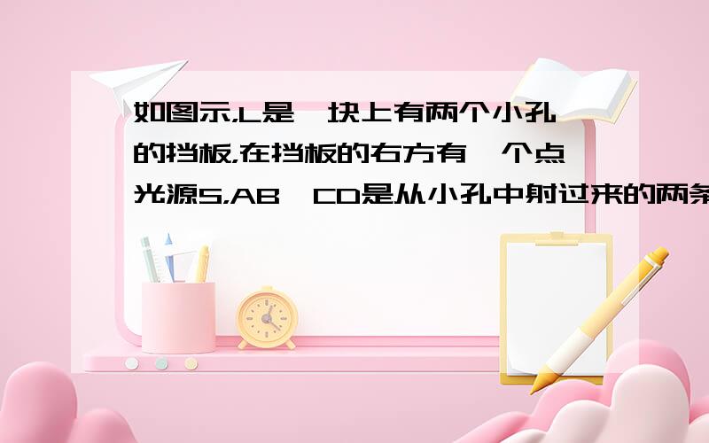 如图示，L是一块上有两个小孔的挡板，在挡板的右方有一个点光源S，AB、CD是从小孔中射过来的两条光线，请你利用学过的知识