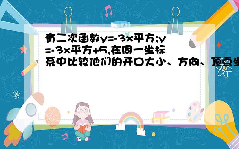 有二次函数y=-3x平方;y=-3x平方+5,在同一坐标系中比较他们的开口大小、方向、顶点坐标、对称轴有什么关系