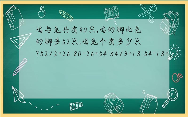 鸡与兔共有80只,鸡的脚比兔的脚多52只,鸡兔个有多少只?52/2=26 80-26=54 54/3=18 54-18=