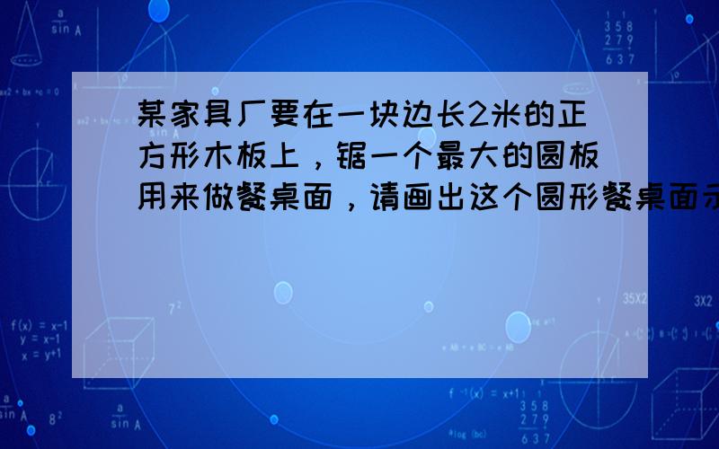 某家具厂要在一块边长2米的正方形木板上，锯一个最大的圆板用来做餐桌面，请画出这个圆形餐桌面示意图并求出面积．（要写出计算