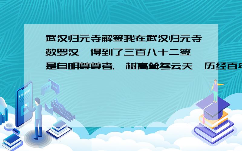 武汉归元寺解签我在武汉归元寺数罗汉,得到了三百八十二签,是自明尊尊者.一树高耸参云天,历经百年方成才.空中楼阁事情灵渺,