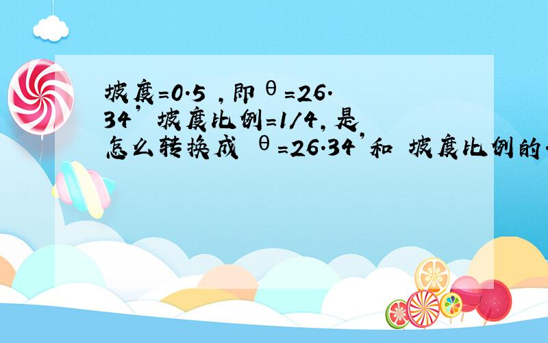 坡度＝0.5 ,即θ＝26.34’ 坡度比例＝1／4,是怎么转换成 θ＝26.34’和 坡度比例的.