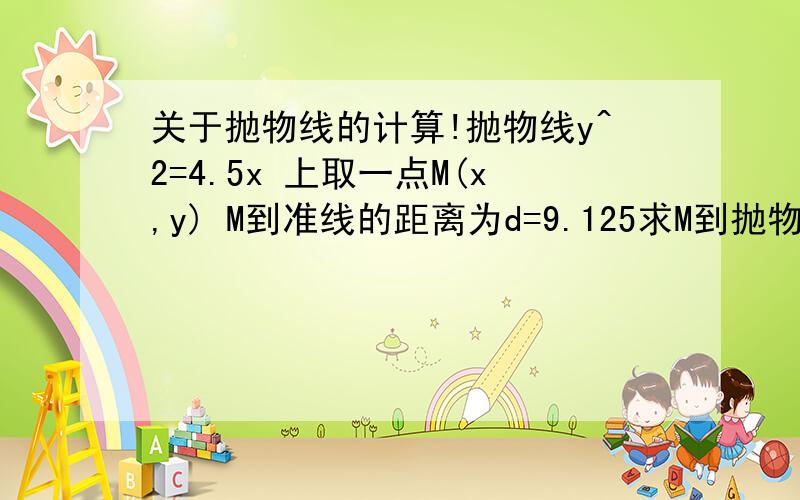 关于抛物线的计算!抛物线y^2=4.5x 上取一点M(x,y) M到准线的距离为d=9.125求M到抛物线顶点的距离?