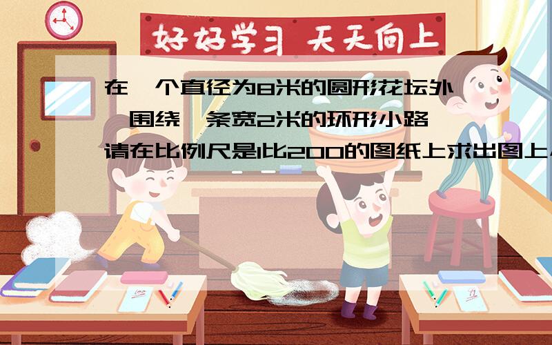 在一个直径为8米的圆形花坛外,围绕一条宽2米的环形小路,请在比例尺是1比200的图纸上求出图上小路的面积