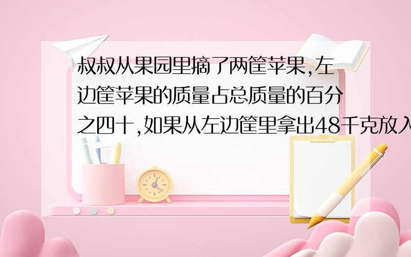 叔叔从果园里摘了两筐苹果,左边筐苹果的质量占总质量的百分之四十,如果从左边筐里拿出48千克放入右边筐,这时右边筐苹果的质