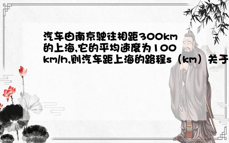 汽车由南京驶往相距300km的上海,它的平均速度为100km/h,则汽车距上海的路程s（km）关于行驶的时间t（h）