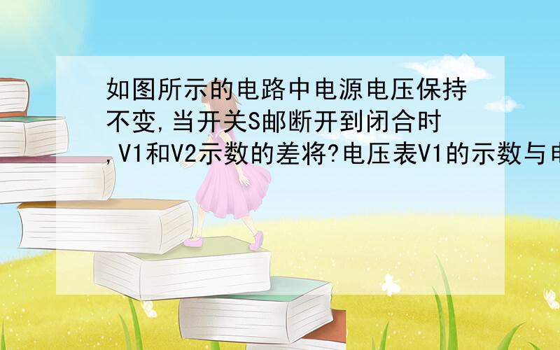 如图所示的电路中电源电压保持不变,当开关S邮断开到闭合时,V1和V2示数的差将?电压表V1的示数与电流表A