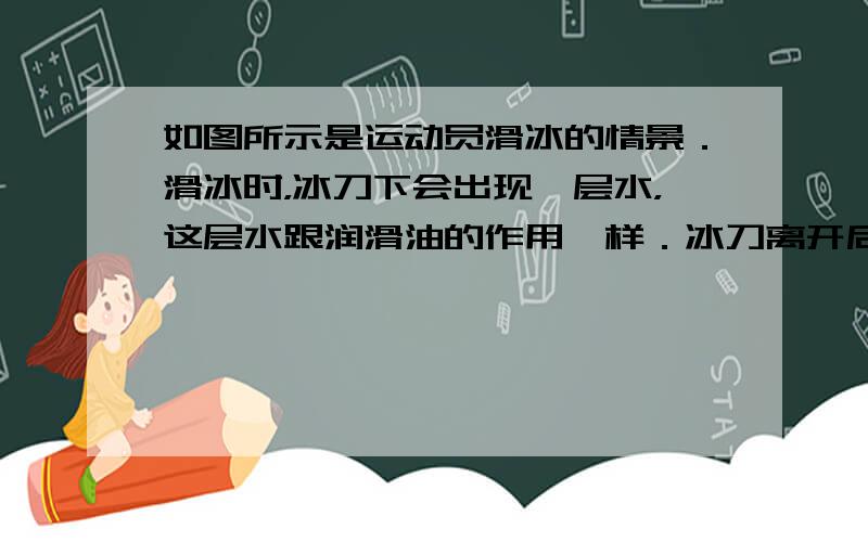 如图所示是运动员滑冰的情景．滑冰时，冰刀下会出现一层水，这层水跟润滑油的作用一样．冰刀离开后，水又会很快结成冰．关于水的