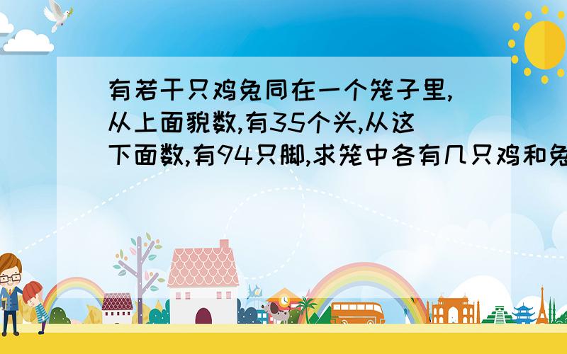 有若干只鸡兔同在一个笼子里,从上面貌数,有35个头,从这下面数,有94只脚,求笼中各有几只鸡和兔?拜托