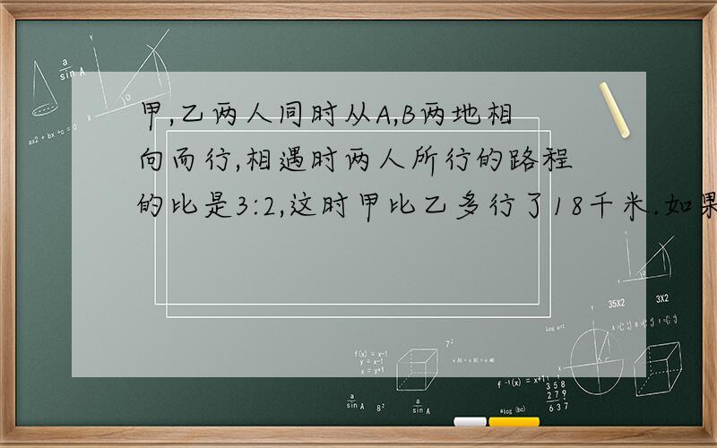 甲,乙两人同时从A,B两地相向而行,相遇时两人所行的路程的比是3:2,这时甲比乙多行了18千米.如果甲行完全程要6小时,