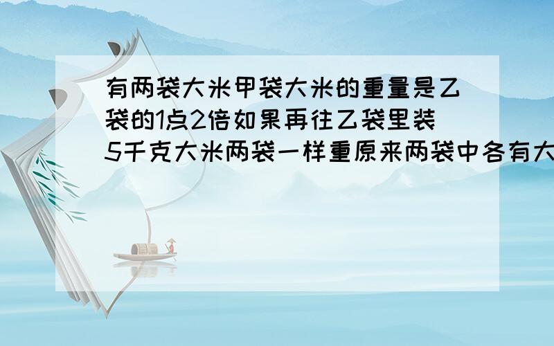 有两袋大米甲袋大米的重量是乙袋的1点2倍如果再往乙袋里装5千克大米两袋一样重原来两袋中各有大米多少千克