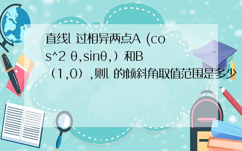 直线l 过相异两点A (cos^2 θ,sinθ,）和B（1,0）,则l 的倾斜角取值范围是多少（过程啊,