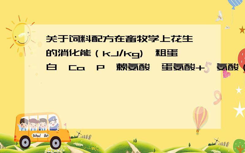 关于饲料配方在畜牧学上花生粕的消化能（kJ/kg)、粗蛋白、Ca、P、赖氨酸、蛋氨酸+胱氨酸（均为百分含量）对于20--