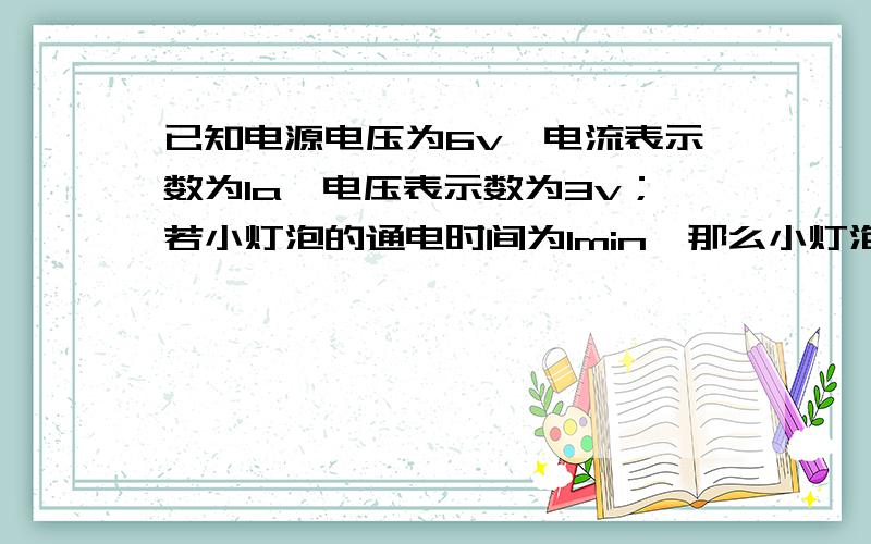 已知电源电压为6v,电流表示数为1a,电压表示数为3v；若小灯泡的通电时间为1min,那么小灯泡所做的功为?