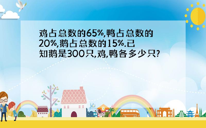 鸡占总数的65%,鸭占总数的20%,鹅占总数的15%.已知鹅是300只,鸡,鸭各多少只?