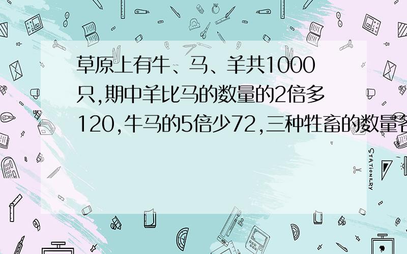 草原上有牛、马、羊共1000只,期中羊比马的数量的2倍多120,牛马的5倍少72,三种牲畜的数量各是多少只?