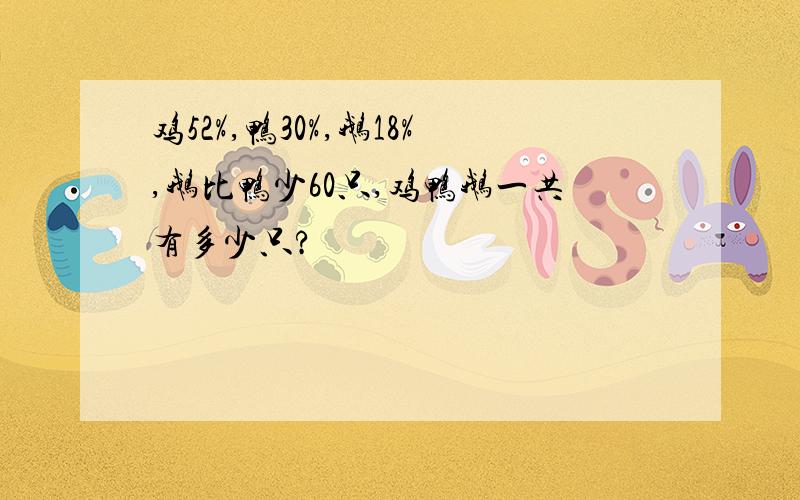 鸡52%,鸭30%,鹅18%,鹅比鸭少60只,鸡鸭鹅一共有多少只?