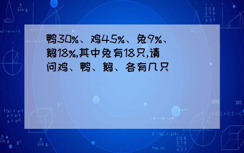 鸭30%、鸡45%、兔9%、鹅18%,其中兔有18只,请问鸡、鸭、鹅、各有几只