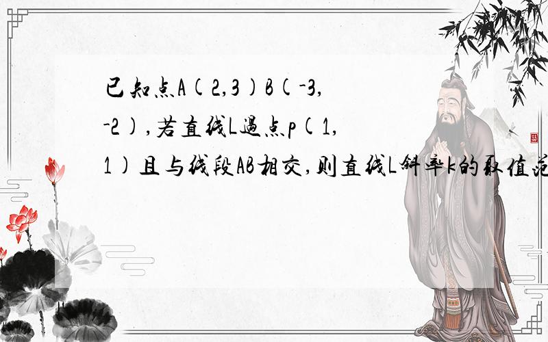 已知点A(2,3)B(-3,-2),若直线L过点p(1,1)且与线段AB相交,则直线L斜率k的取值范围