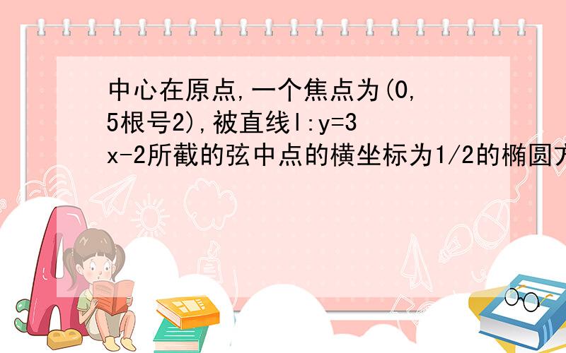 中心在原点,一个焦点为(0,5根号2),被直线l:y=3x-2所截的弦中点的横坐标为1/2的椭圆方程