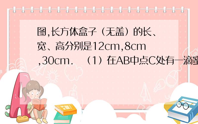 图,长方体盒子（无盖）的长、宽、高分别是12cm,8cm,30cm． （1）在AB中点C处有一滴蜜糖,一只小虫从D处