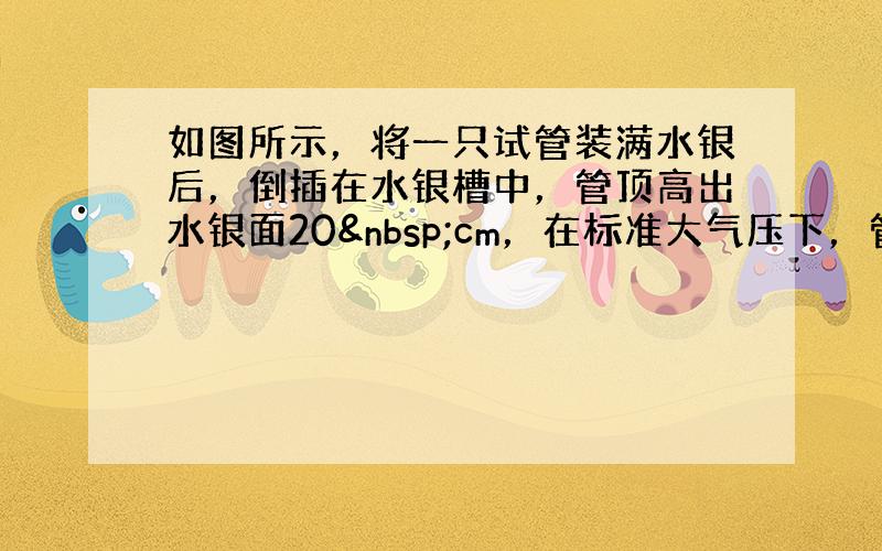 如图所示，将一只试管装满水银后，倒插在水银槽中，管顶高出水银面20 cm，在标准大气压下，管外水银面上受到的大