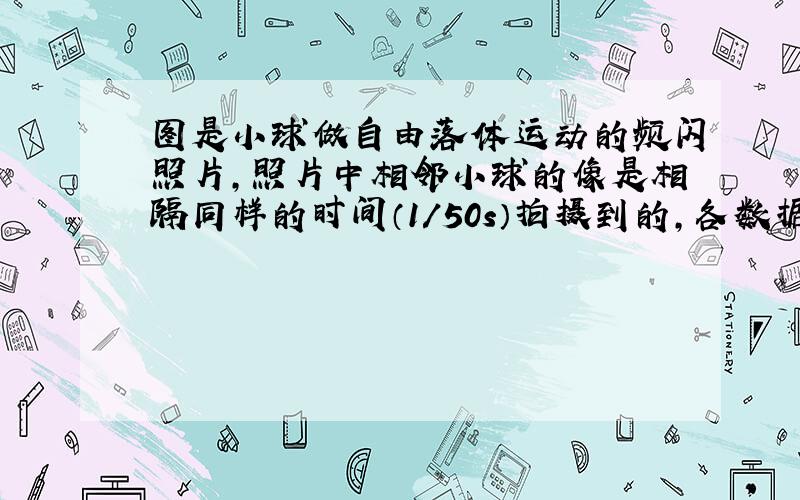 图是小球做自由落体运动的频闪照片,照片中相邻小球的像是相隔同样的时间（1/50s）拍摄到的,各数据是小球距下落起点的距离