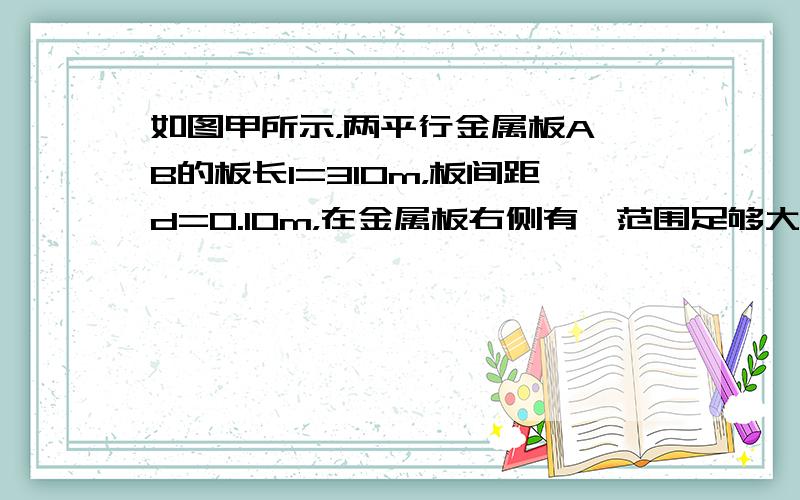 如图甲所示，两平行金属板A、B的板长l=310m，板间距d=0.10m，在金属板右侧有一范围足够大的方向垂直于纸面向里的