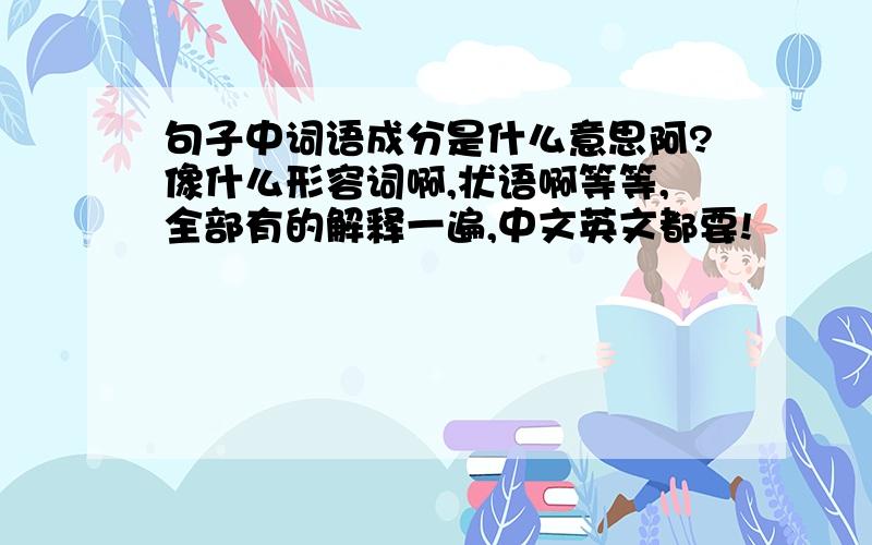 句子中词语成分是什么意思阿?像什么形容词啊,状语啊等等,全部有的解释一遍,中文英文都要!